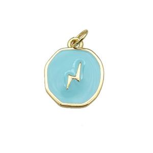 copper circle pendant with teal enamel, lightning, gold plated, approx 14-15mm