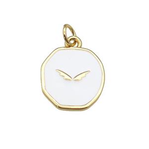 copper circle pendant with white enamel, wing, gold plated, approx 14-15mm