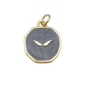 copper circle pendant with black enamel, wing, gold plated, approx 14-15mm