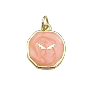 copper circle pendant with peach enamel, wing, gold plated, approx 14-15mm