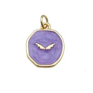 copper circle pendant with purple enamel, wing, gold plated, approx 14-15mm