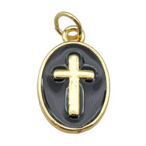 copper oval pendant with black enamel, cross, gold plated, approx 11-15mm