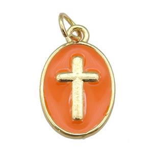 copper oval pendant with orange enamel, cross, gold plated, approx 11-15mm