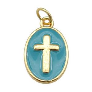 copper oval pendant with teal enamel, cross, gold plated, approx 11-15mm