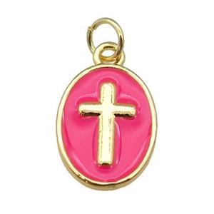 copper oval pendant with hotpink enamel, cross, gold plated, approx 11-15mm