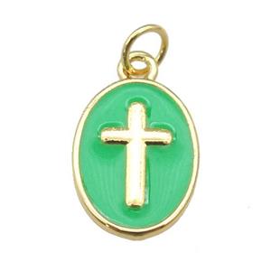 copper oval pendant with green enamel, cross, gold plated, approx 11-15mm