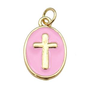 copper oval pendant with pink enamel, cross, gold plated, approx 11-15mm
