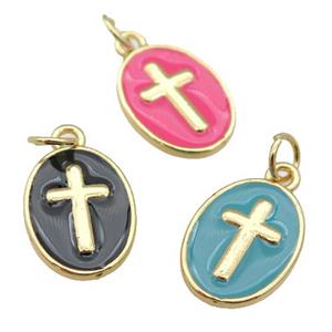 copper oval pendant with enamel, cross, gold plated, mixed, approx 11-15mm