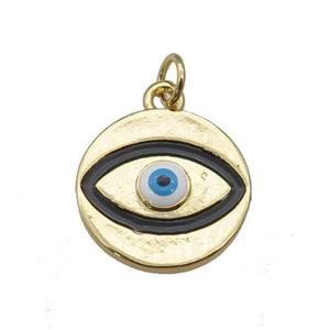 copper Evil Eye pendant with black enamel, gold plated, approx 15mm dia