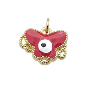 copper Butterfly pendant with red enamel, evil eye, gold plated, approx 12-15mm