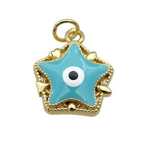 copper Star pendant with teal enamel, evil eye, gold plated, approx 14mm