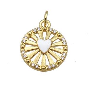 copper circle pendant paved zircon with white enamel heart, gold plated, approx 14mm dia