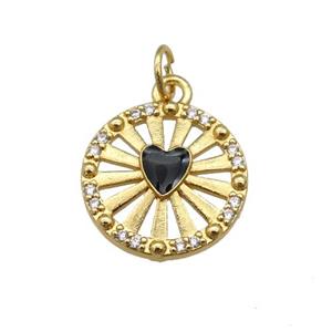 copper circle pendant paved zircon with black enamel heart, gold plated, approx 14mm dia