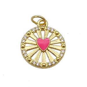 copper circle pendant paved zircon with hotpink enamel heart, gold plated, approx 14mm dia
