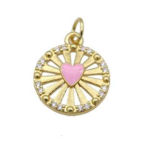 copper circle pendant paved zircon with pink enamel heart, gold plated, approx 14mm dia