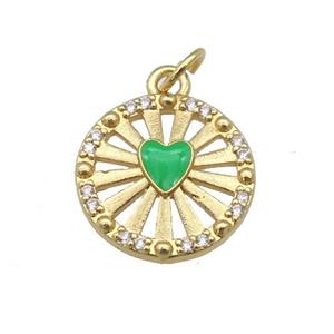 copper circle pendant paved zircon with green enamel heart, gold plated, approx 14mm dia