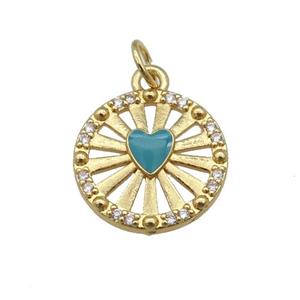 copper circle pendant paved zircon with teal enamel heart, gold plated, approx 14mm dia