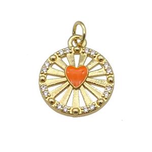 copper circle pendant paved zircon with orange enamel heart, gold plated, approx 14mm dia