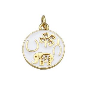 copper circle pendant paved zircon with white enamel, elephant, clover, gold plated, approx 14.5mm dia