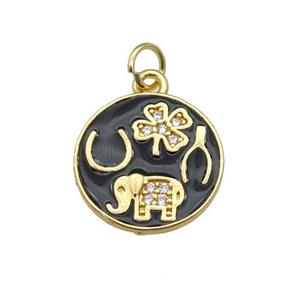 copper circle pendant paved zircon with black enamel, elephant, clover, gold plated, approx 14.5mm dia