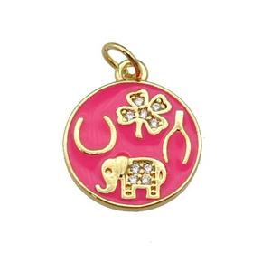 copper circle pendant paved zircon with hotpink enamel, elephant, clover, gold plated, approx 14.5mm dia