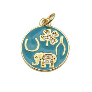 copper circle pendant paved zircon with teal enamel, elephant, clover, gold plated, approx 14.5mm dia