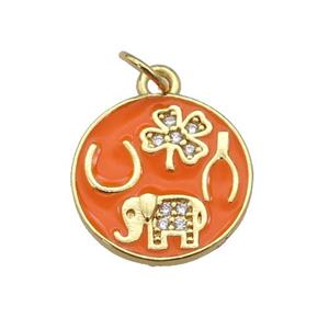 copper circle pendant paved zircon with orange enamel, elephant, clover, gold plated, approx 14.5mm dia