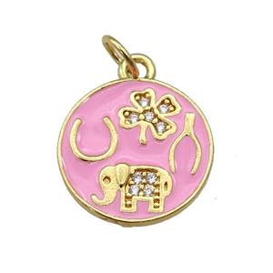 copper circle pendant paved zircon with pink enamel, elephant, clover, gold plated, approx 14.5mm dia
