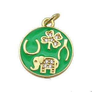 copper circle pendant paved zircon with green enamel, elephant, clover, gold plated, approx 14.5mm dia