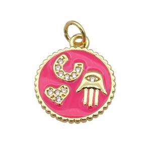 copper circle pendant paved zircon with hotpink enamel, hand, heart, gold plated, approx 14.5mm dia