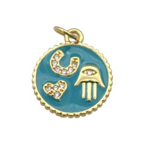 copper circle pendant paved zircon with teal enamel, hand, heart, gold plated, approx 14.5mm dia