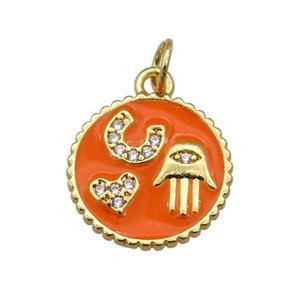 copper circle pendant paved zircon with orange enamel, hand, heart, gold plated, approx 14.5mm dia