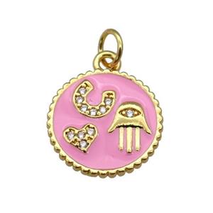 copper circle pendant paved zircon with pink enamel, hand, heart, gold plated, approx 14.5mm dia