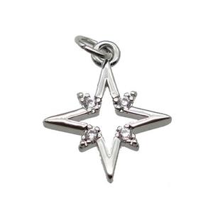 copper Star pendant paved zircon, platinum plated, approx 12.5mm