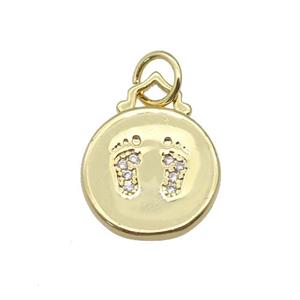 copper circle pendant paved zircon, footprint, gold plated, approx 12mm