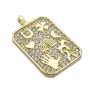 copper Rectangle pendant paved zircon, hand rainbow moon, gold plated, approx 13-18mm