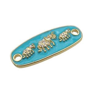 copper Elephant connector paved zircon with teal enamel, gold plated, approx 11-30mm