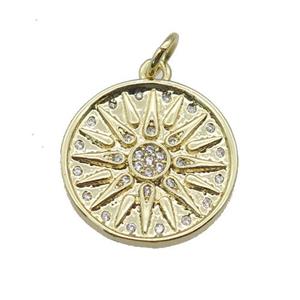 copper circle pendant paved zircon, sun, gold plated, approx 17mm dia