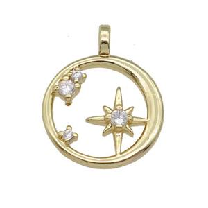 copper circle pendant paved zircon, star, gold plated, approx 16mm dia