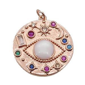 copper circle pendant paved zircon, planet, rose gold, approx 24mm dia