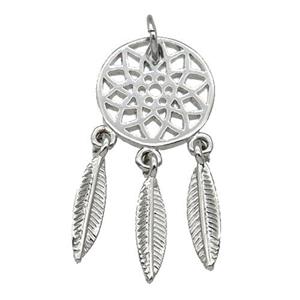 copper Dream Catcher pendant, feathers, platinum plated, approx 12mm, 3-13mm