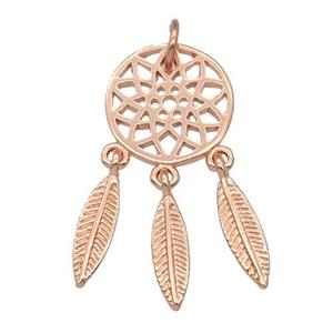 copper Dream Catcher pendant, feathers, rose gold, approx 12mm, 3-13mm