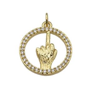 copper circle pendant paved zircon, hand gesture, gold plated, approx 18mm dia