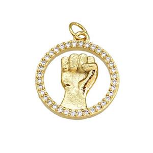copper circle pendant paved zircon, hand gesture, gold plated, approx 18mm dia