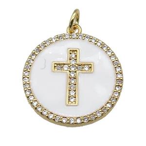 copper circle Cross pendant paved zircon, white enamel, gold plated, approx 20mm dia