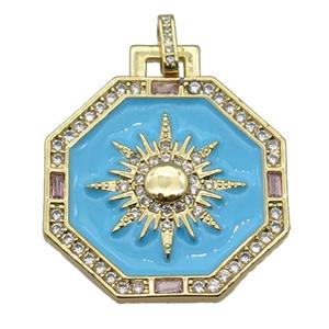 copper Hexagon pendant paved zircon, blue enamel, gold plated, approx 25mm