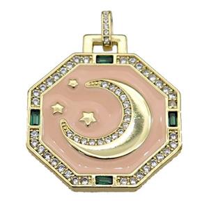 copper Hexagon pendant paved zircon, peach enamel, moon, gold plated, approx 25mm