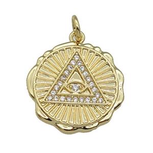 copper circle Triangle pendant paved zircon, gold plated, approx 19mm dia