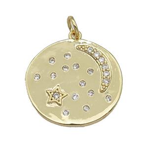 copper circle Moon pendant paved zircon, star, gold plated, approx 20mm dia