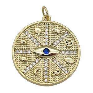 copper circle pendant paved zircon, Astrology, Lucky Eye, gold plated, approx 23mm dia